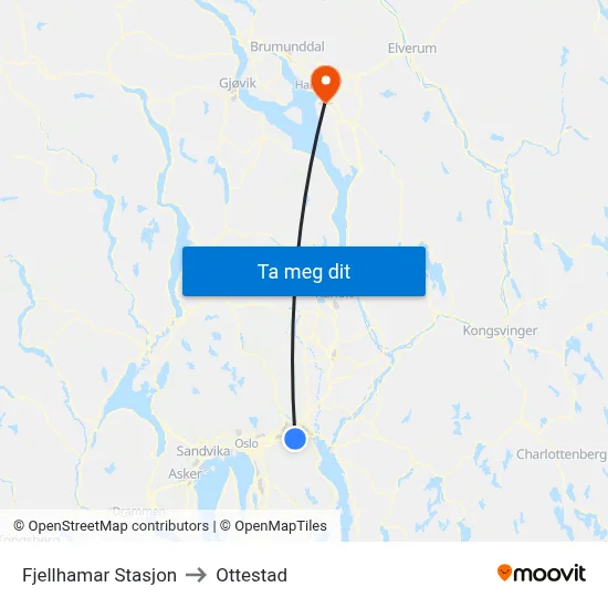 Fjellhamar Stasjon to Ottestad map