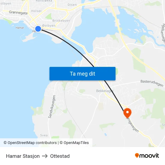 Hamar Stasjon to Ottestad map
