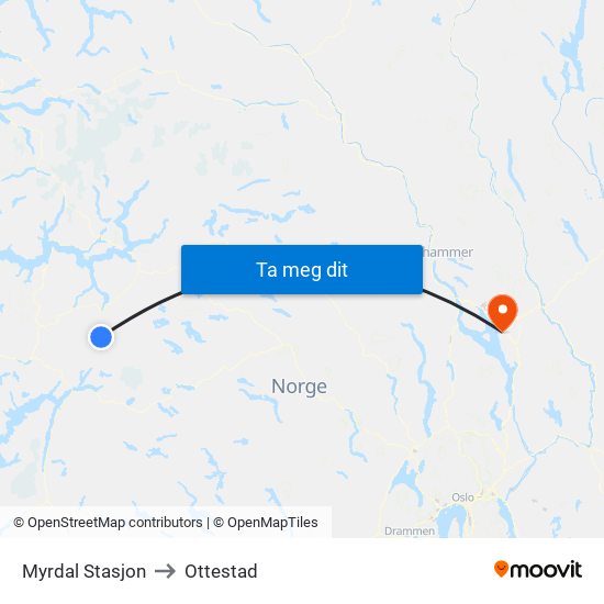 Myrdal Stasjon to Ottestad map
