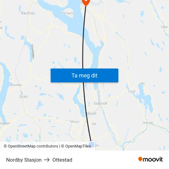 Nordby Stasjon to Ottestad map