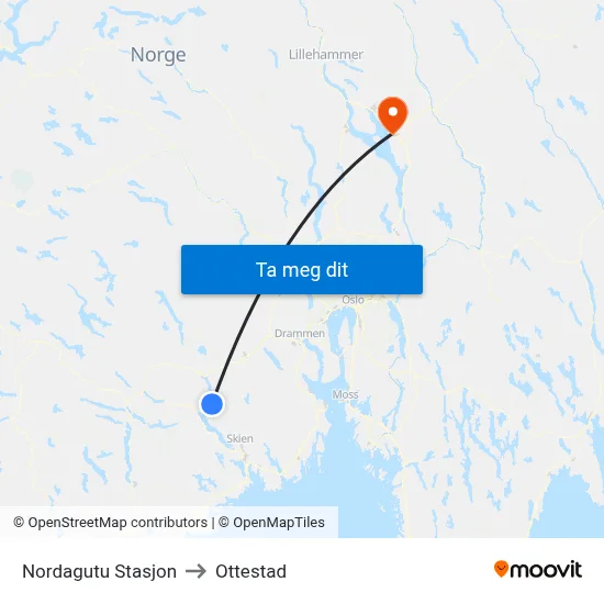 Nordagutu Stasjon to Ottestad map