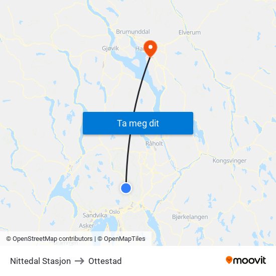Nittedal Stasjon to Ottestad map