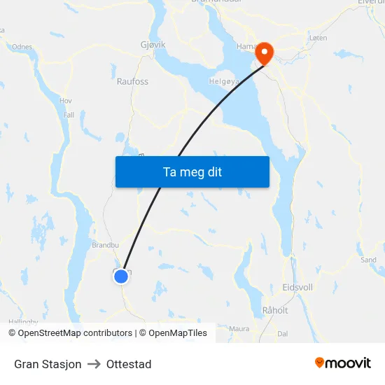 Gran Stasjon to Ottestad map