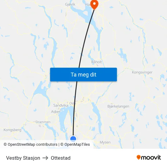 Vestby Stasjon to Ottestad map