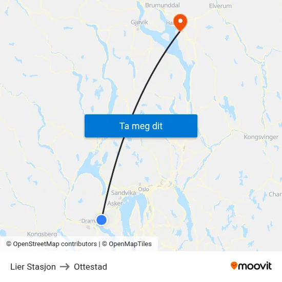 Lier Stasjon to Ottestad map