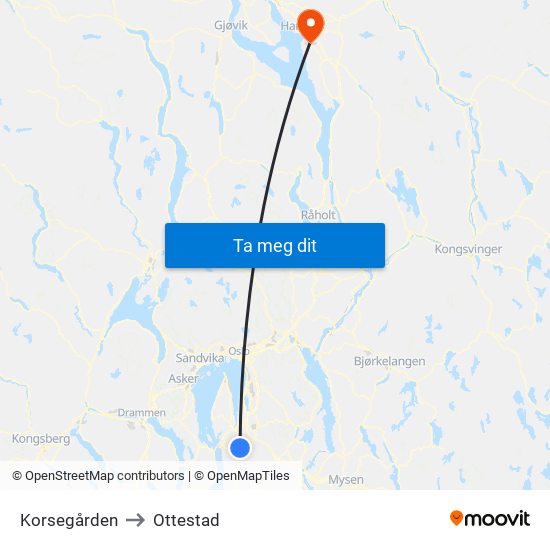 Korsegården to Ottestad map