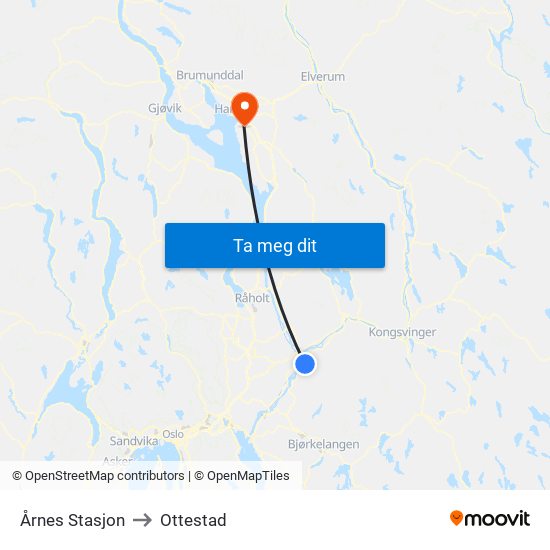 Årnes Stasjon to Ottestad map