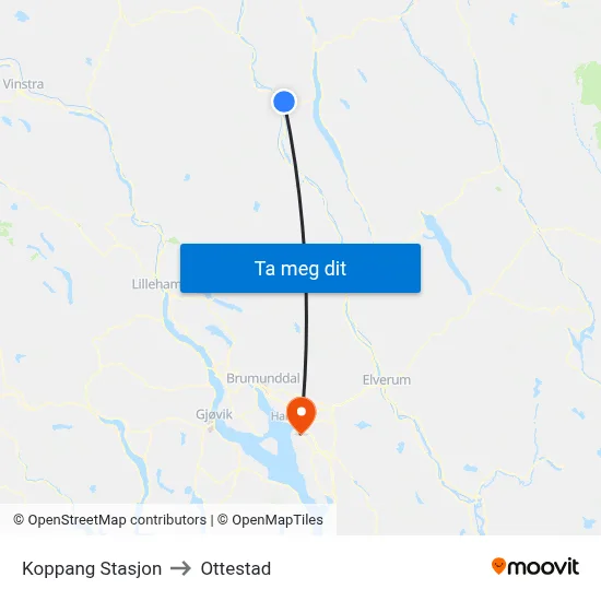 Koppang Stasjon to Ottestad map
