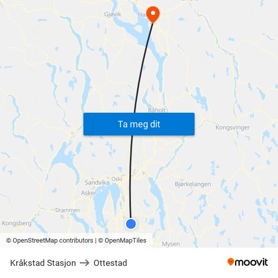 Kråkstad Stasjon to Ottestad map