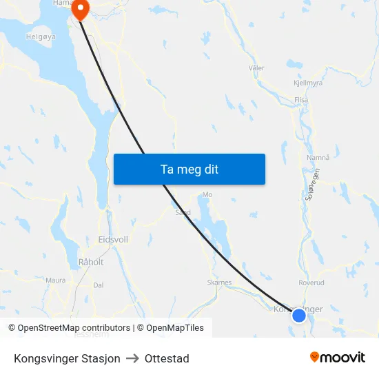 Kongsvinger Stasjon to Ottestad map