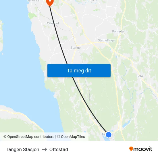 Tangen Stasjon to Ottestad map