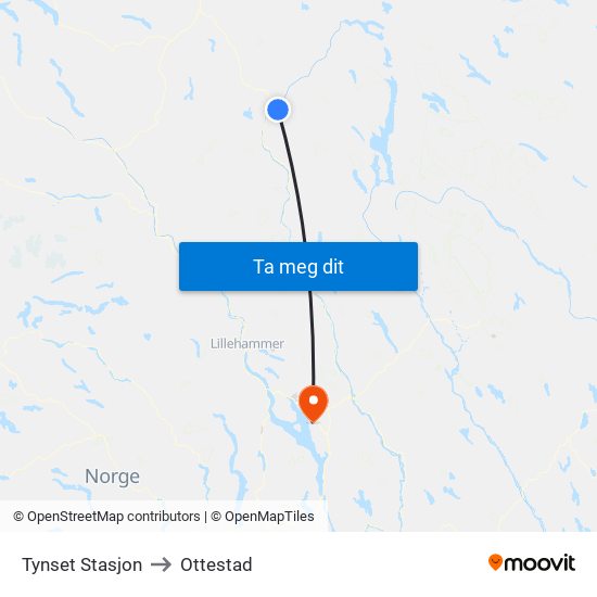 Tynset Stasjon to Ottestad map