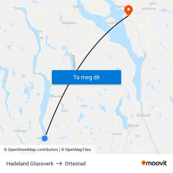 Hadeland Glassverk to Ottestad map