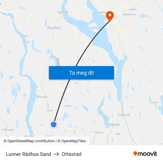 Lunner Rådhus Sand to Ottestad map