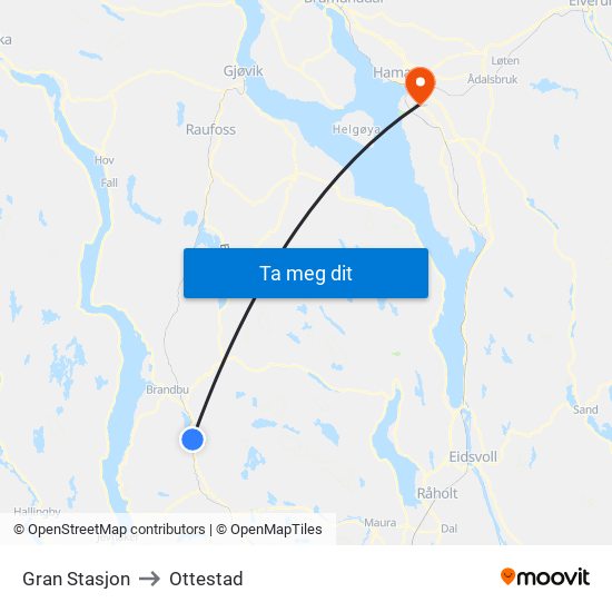 Gran Stasjon to Ottestad map