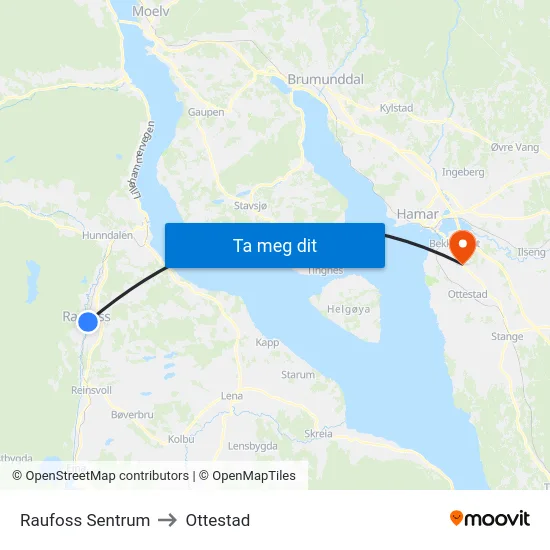 Raufoss Sentrum to Ottestad map