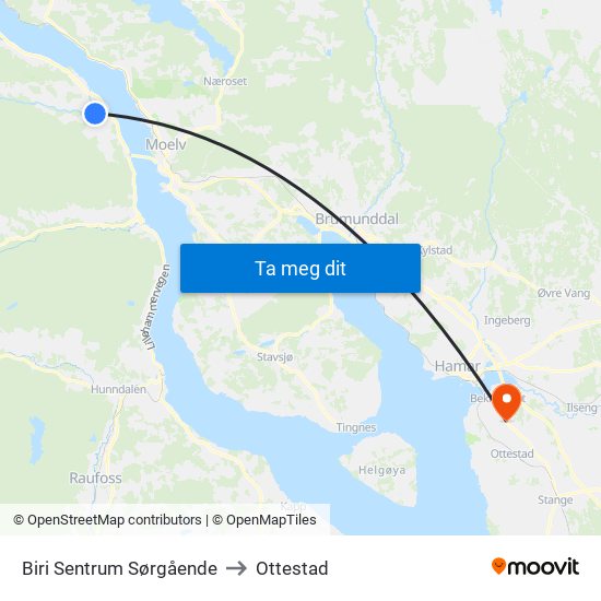 Biri Sentrum Sørgående to Ottestad map