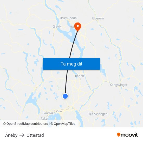 Åneby to Ottestad map