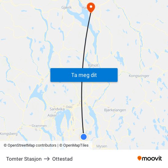 Tomter Stasjon to Ottestad map