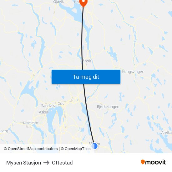 Mysen Stasjon to Ottestad map