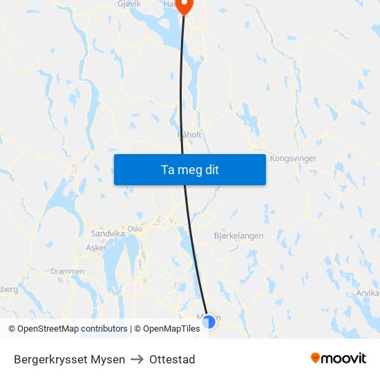 Bergerkrysset Mysen to Ottestad map