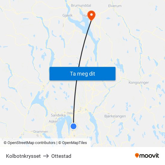 Kolbotnkrysset to Ottestad map