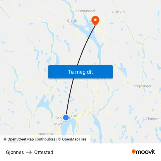 Gjønnes to Ottestad map