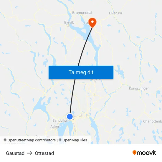 Gaustad to Ottestad map