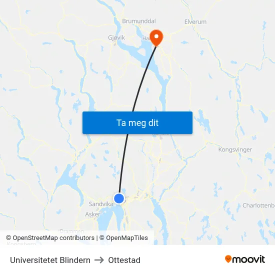 Universitetet Blindern to Ottestad map