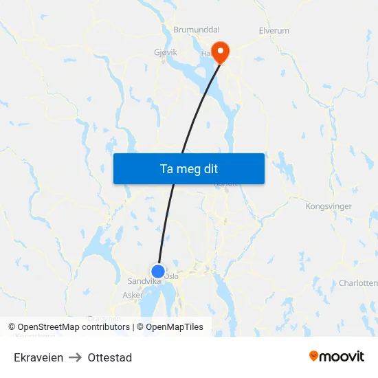 Ekraveien to Ottestad map