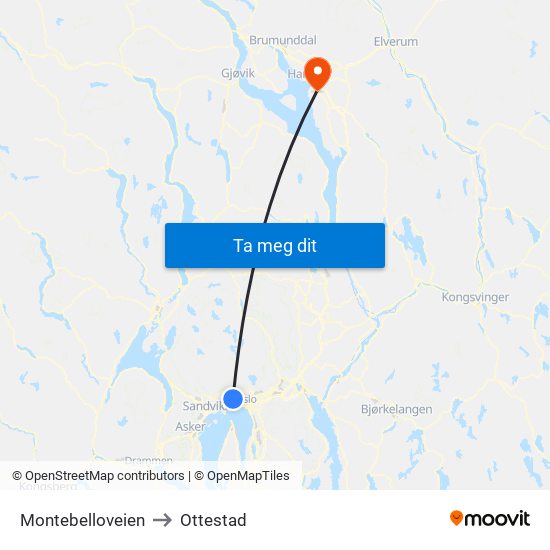 Montebelloveien to Ottestad map