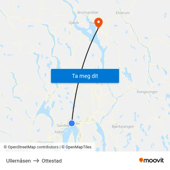 Ullernåsen to Ottestad map