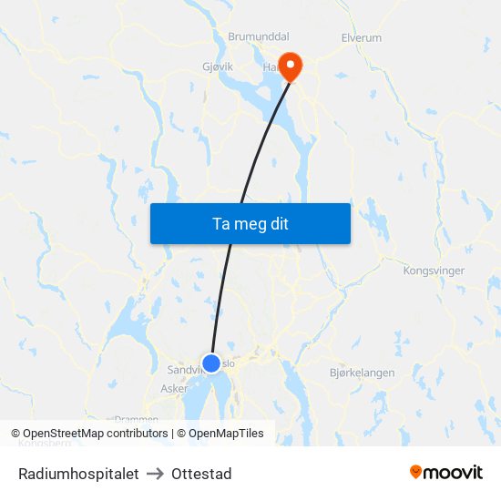 Radiumhospitalet to Ottestad map