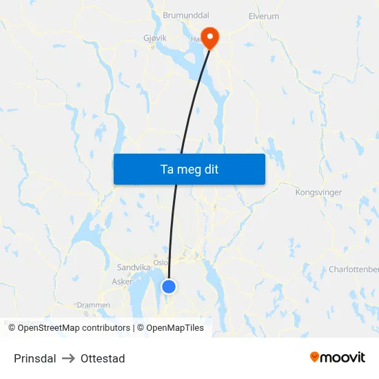 Prinsdal to Ottestad map