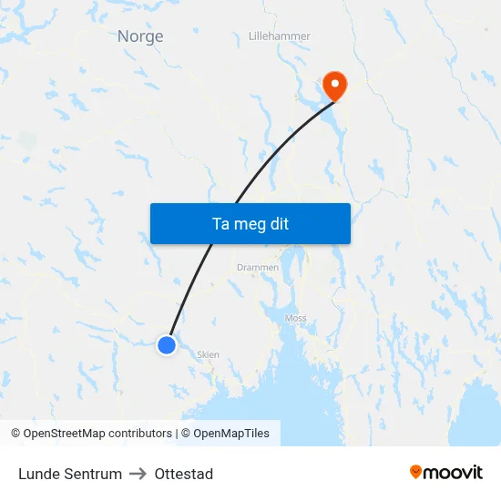 Lunde Sentrum to Ottestad map