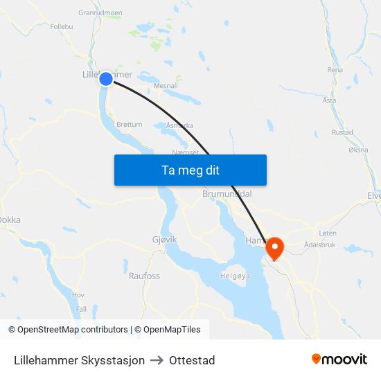 Lillehammer Skysstasjon to Ottestad map