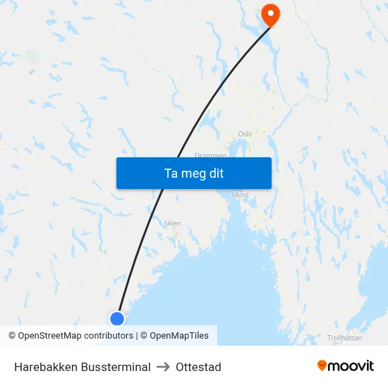 Harebakken Bussterminal to Ottestad map