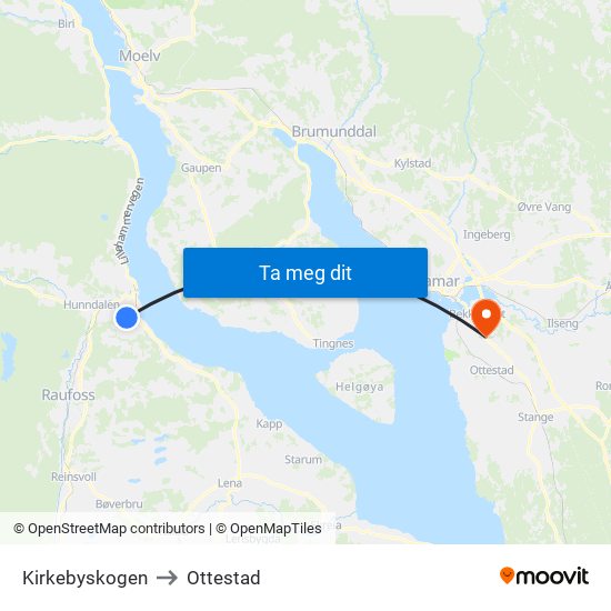 Kirkebyskogen to Ottestad map
