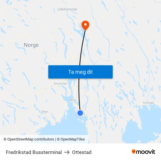 Fredrikstad Bussterminal to Ottestad map