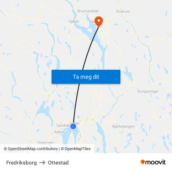 Fredriksborg to Ottestad map