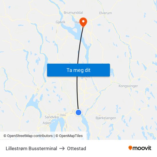 Lillestrøm Bussterminal to Ottestad map