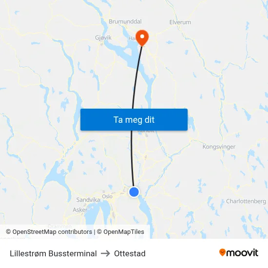 Lillestrøm Bussterminal to Ottestad map