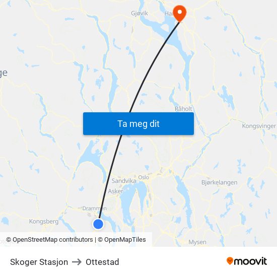 Skoger Stasjon to Ottestad map