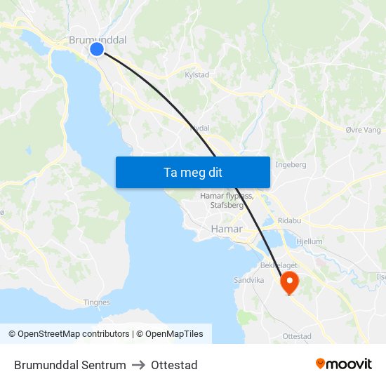 Brumunddal Sentrum to Ottestad map