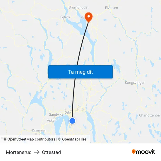 Mortensrud to Ottestad map