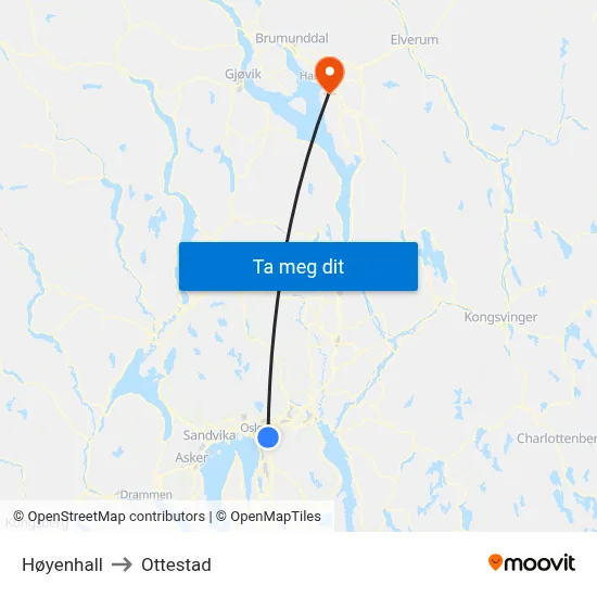 Høyenhall to Ottestad map