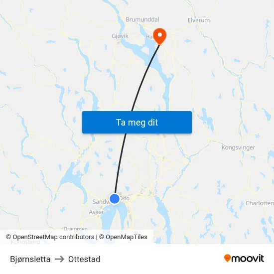 Bjørnsletta to Ottestad map