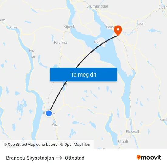 Brandbu Skysstasjon to Ottestad map
