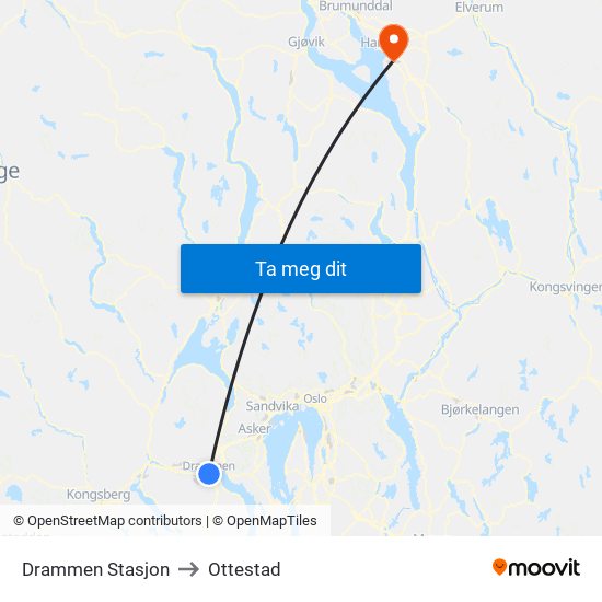 Drammen Stasjon to Ottestad map