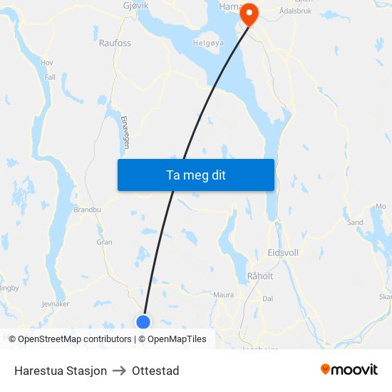 Harestua Stasjon to Ottestad map